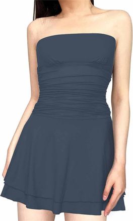 Generic Womens Solid Strapless Bandeau Mini Dress Sleeveless Flowing Bustier Swing Skirt Off Shoulder Ruffle Beach Summer Dress Festive Dress Womens Knee-Leng