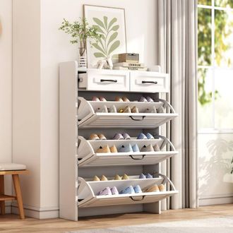 Matteo Shoe Storage Cabinet - Flip Doors & Drawers - Narrow Wooden - White