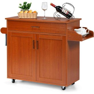 Costway Costway Carrito De Cocina Carro De Servicio Comedor Con Ruedas, Puerta Y Estantes Gabinete Mueble De Cocina (marr&oacute;n)