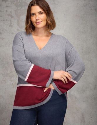 Live Unlimited London Womens Grey Contrast Stripe V Neck Jumper - Size: 26