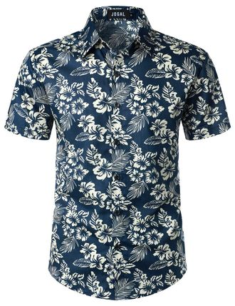 JOGAL Mens Flowers Hawaiian Shirts Short Sleeve Casual Button Down Beach Shirt Navy Beige Small