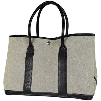 Herm&egrave;s Garden Black Gray Toile H Leather Tote Bag (Pre-Owned)