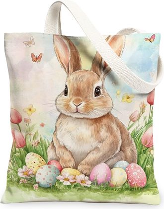 Generic Easter Bunny Canvas Tote Bags, Cute Rabbit Floral Pattern Reusable Shopping Bags, Spring Vintage Washable Shoulder Strap Ca, Multicolor, 13x15 Inch