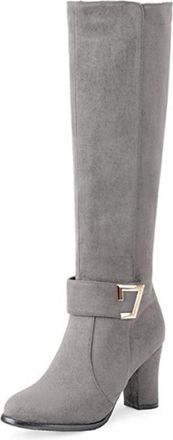 Generic Gray,8.5 UK,Fashion Belt Buckle Knee high Boots for Womens Round Toe Chunky Heels Tall Boot Suede Party Club Fall Winter Comfy Dress Shoes