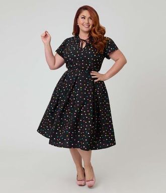 Unique Vintage Plus Size Short Petal Sleeve Tie Neck Dahlia Swing Dress in Black Pin Dot at Nordstrom, Size 1X