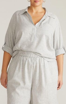 Universal Standard Button Back Linen Blend Polo in Beach Stripe at Nordstrom, Size Xl