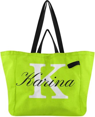 Generic Custom Neon Green print Reusable Canvas Tote Bag, Heavy Duty Grocery Shopping Bag with Hard Bottom Large Capacity Double Handles Work Groceries Travel