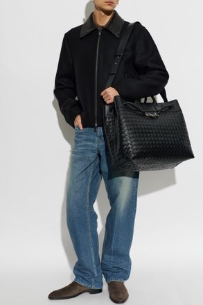Bottega Veneta Wool Jacket With Leather Collar, Mens, Navy Blue