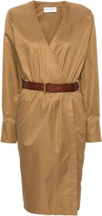 Saint Laurent Camel Katoenen Twill Midi Jurk - Dames - Feestkleedjes - Bruin - M - Katoen - Kleedjes