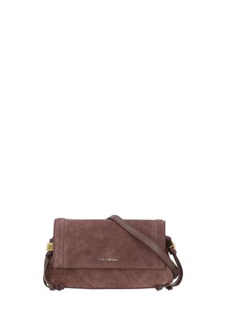 Coccinelle Burgundy Suede Mini Shoulder Bag with Flap Closure and Adjustable Strap