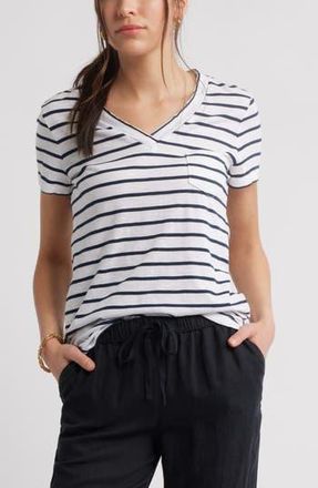 Caslon Cotton & Modal V-Neck T-Shirt in White- Navy Josephine Stripe at Nordstrom Rack, Size Small