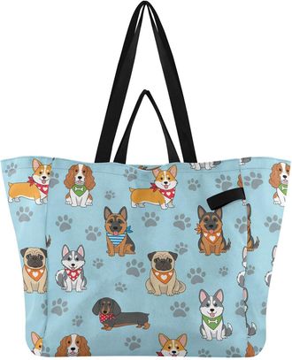 Generic Dogs Paw Blue pattern Reusable Canvas Tote Bag, Heavy Duty Grocery Shopping Bag with Double Handles Hard Bottom Large Capacity Work Groceries Travel
