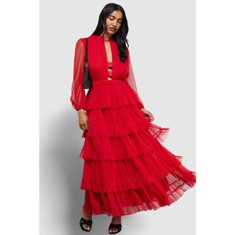 Warehouse Ruffle Neck Tulle Maxi Dress in Red at Nordstrom, Size 10