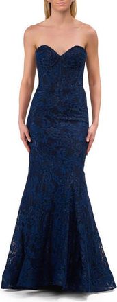 La Femme Mermaid Stretch Lace Dress with Bustier Top and Sheer Back in Marine Blue at Nordstrom, Size 10
