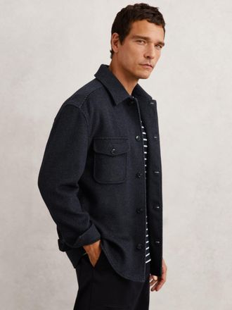 Reiss Navy Wool-blend Herringbone Overshirt, XL