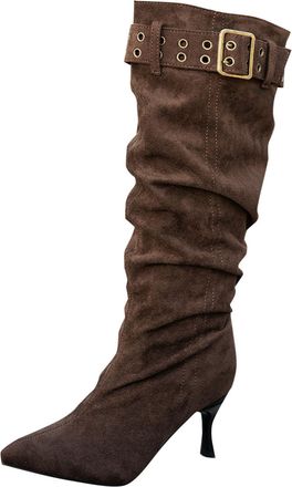 Generic Knee High Boots Women Casual Faux Suede Outdoor Booties Stylish Pointed Toe Pleated Kitten Heel Comfy Wide Calf Pull On Long Boots Fall Winter