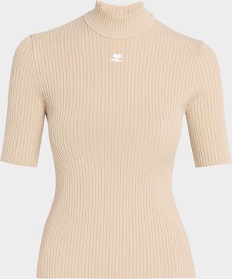 Courr&egrave;ges Mock-Neck Short-Sleeve Rib Pullover