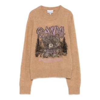 Ganni Graphic Intarsia Crew-Neck Jumper - female - Ganni - Round-neck Knitwear - Beige - M - Knitwear