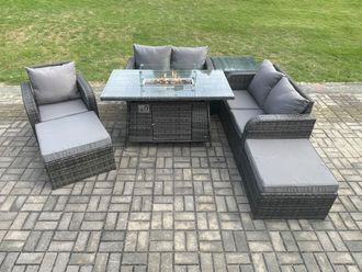 Fimous Outdoor Sofa Rattan Garden Furniture Set Patio Gas Fire Pit Dining Table & Reclining Chair set with Side Tables 2 Big Footstool in Dark Grey