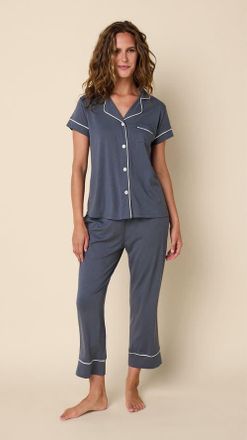 The Cats Pajamas Pima Knit Cropped Pajama Set in Steel Blue at Nordstrom, Size X-Large