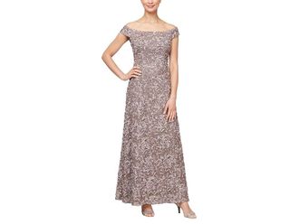 Alex Evenings Long Soutache Lace the Shoulder Womens Dress Mink : 12, Lace/Nylon