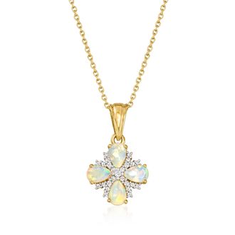 Ross-Simons Ethiopian Opal and White Topaz Floral Pendant Necklace in 18kt Gold Over Sterling