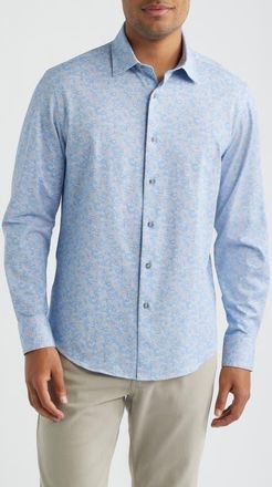 Bugatchi James OoohCotton Abstract Floral Print Button-Up Shirt in Air Blue at Nordstrom, Size Xxx-Large