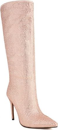Generic Womens Sparkly Rhinestone Knee High Boots Stiletto High Heel Pointed Toe Pull On Wide Calf Dress Shoes for Party and Dance (7.5,Pink)
