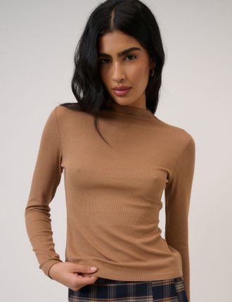 Nobody's Child Brown High Neck Ribbed Top