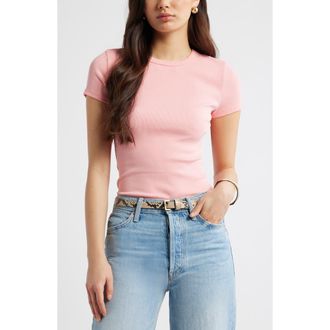 Open Edit Rib Short Sleeve Shirt in Pink Flamingo at Nordstrom, Size Xx-Small