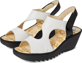 FLY London Fly London YOXA576FLY Sandals Womens -White Black Slingback Wedge ZOGG2969
