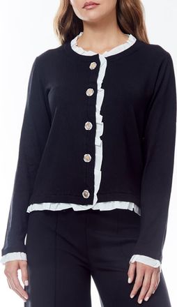 By Design Sylvia Ruffle Trim Cardigan in Black/White at Nordstrom Rack, Size X-Small