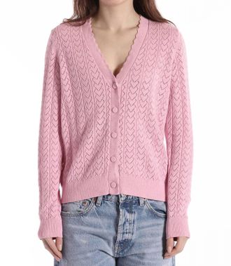 Minnie Rose Heart Pointelle Scalloped Cardigan In Fondant Sweet