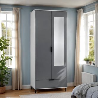 Seconique Madrid 2 Door 1 Drawer Mirrored Wardrobe in Grey