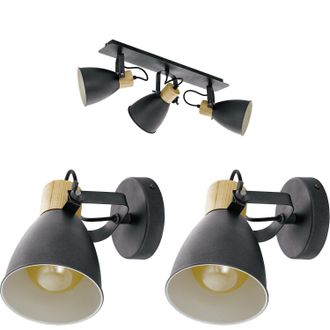 Loops Ceiling Spot Light & 2x Matching Wall Lights Black & Wood Adjustable Shade