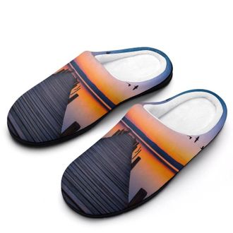 Generic Sunset Lake Birds Flying Over The Pier Mens Slippers Comfortable And Non-slip Cotton Slipper Shoe for House