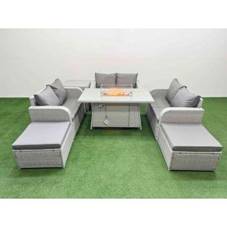 Fimous 8 Seater pe Wicker Rattan Furniture Sofa Sets with Firepit Dining Table 2 Seater Love Sofa 2 Big Footstool Side Table Light Grey - Fimous