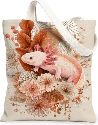 Generic Floral Axolotl Canvas Tote Bags, Nature Inspired Reusable Shopping Bags, Autumn Vintage Art Lightweight Washable Shoulder S, Beige, 13x15 Inch