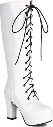 Generic Womens Patent PU Leather Knee High Riding Boots Lace Up Platform Block High Heel Fashion Goth Shoes with Zipper (7.5,White)