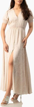 Ivonne Jacquard Satin Button-Front Maxi Dress with Puff Sleeve and Smocked Waist in Beige at Nordstrom, Size 14
