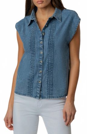 Kut from the Kloth Penelope Pintuck Cap Sleeve Denim Shirt In Blue