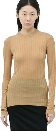 Sportmax Geribbelde Wollen Crewneck Sweater - Dames - Ronde hals truien - Beige - S - Wol - Truien & Vesten