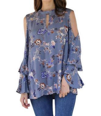 Angie Jaquard Keyhole Cold Shoulder Top In Blue/grey