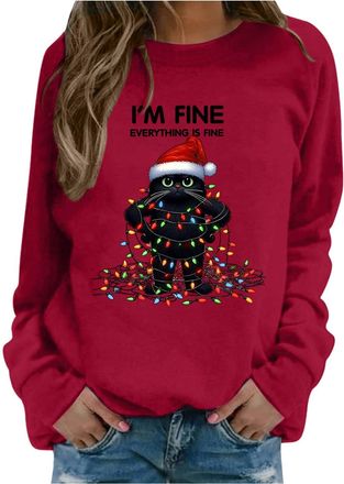 Generic Christmas Jumpers Christmas Cat Sweatshirts Black CatLights Shirt Crewneck Holiday Pullover Sweater Long Sleeve Pullover Blouse Crew Neck OversizedSwe