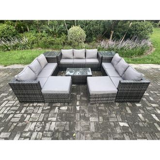 Fimous Outdoor Lounge Sofa Set Wicker pe Rattan Garden Furniture Set with Oblong Coffee Table 2 Side Tables 2 Big Footstool 11Seater Dark Grey Mixed - Fimous