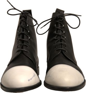 Sergio Rossi Black White Leather Lace Up Flats Ankle Boots Womens Shoes (Pre-Owned)