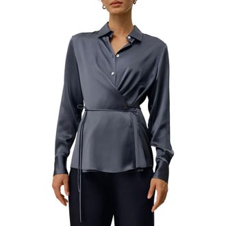 LilySilk Womens Convertible Silk Charmeuse Shirt in Night Lake at Nordstrom, Size Medium