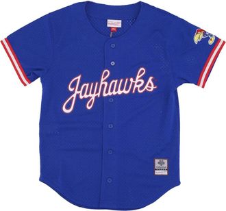 Mitchell & Ness Kansas Jayhawks Mesh Button Down Shirt - Heren - Fitness - Blauw - L - Polyester - Fitness