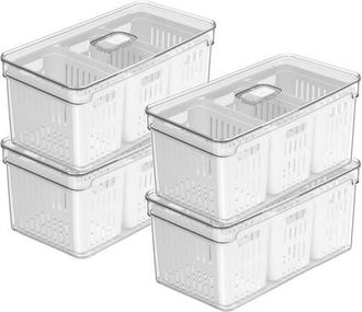 Ou Clear Stackable Fridge Organizer Bin with Drain Basket and Vented Lid, 4 Pack in Clear With White Drainer at Nordstrom
