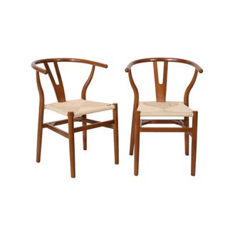 Sweeek Silla de madera con asiento de cuerda, set de 2, nogal